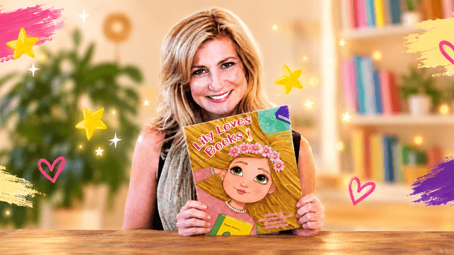 Woman holding a children's book titled "Lily Loves Books" in a bright setting