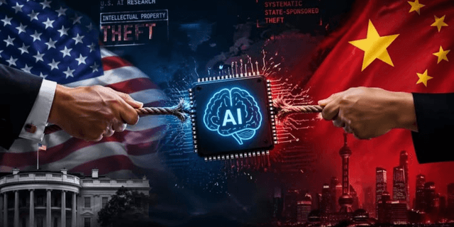 Conceptual image of AI conflict between the USA and China with flags and symbols