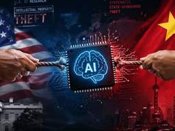 Conceptual image of AI conflict between the USA and China with flags and symbols