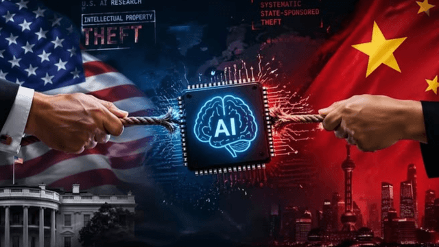 Conceptual image of AI conflict between the USA and China with flags and symbols