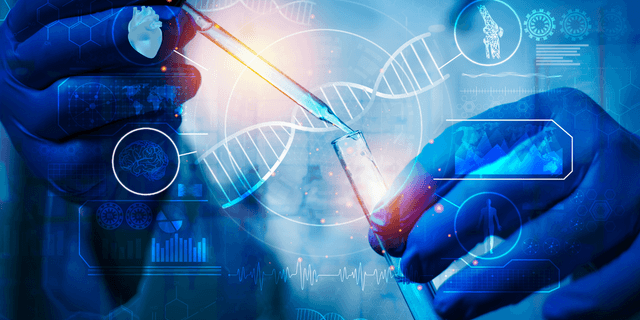 Hands holding a pipette above a test tube with digital overlay of scientific graphics