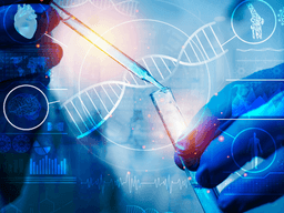 Hands holding a pipette above a test tube with digital overlay of scientific graphics