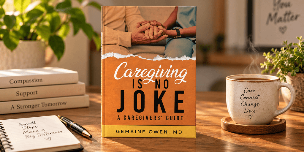 Book titled "Caregiving Is No Joke" beside a coffee cup and notepads in a cozy setting
