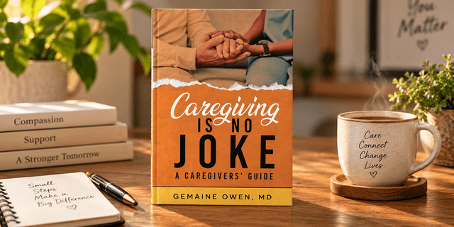 Book titled "Caregiving Is No Joke" beside a coffee cup and notepads in a cozy setting