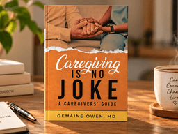 Book titled "Caregiving Is No Joke" beside a coffee cup and notepads in a cozy setting