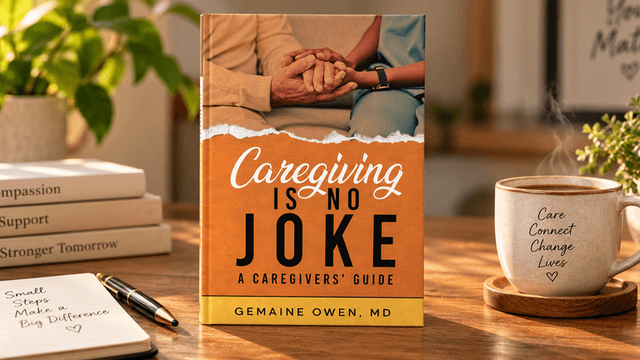Book titled "Caregiving Is No Joke" beside a coffee cup and notepads in a cozy setting
