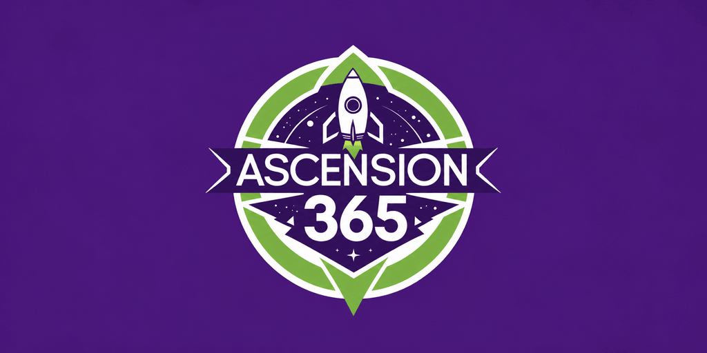 Logo featuring a rocket with "Ascension 365" on a purple background