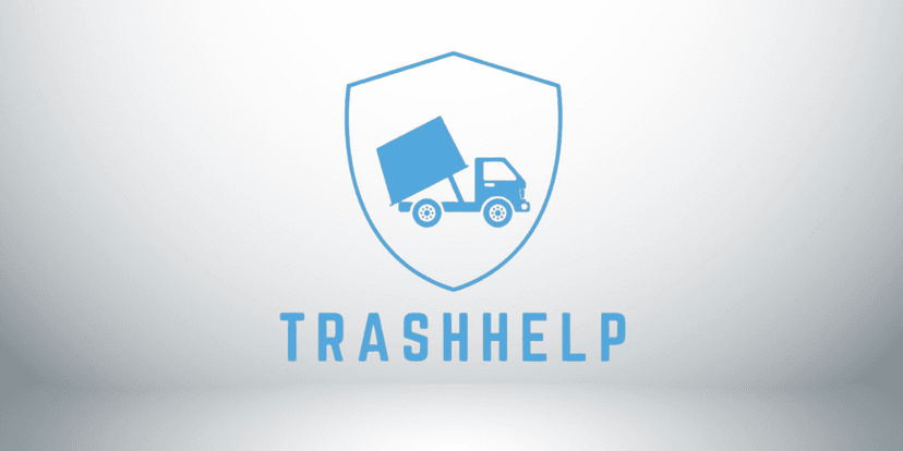 Logo for TrashHelp featuring a shield, truck, and light blue color scheme