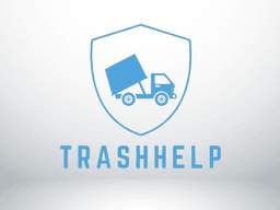 Logo for TrashHelp featuring a shield, truck, and light blue color scheme