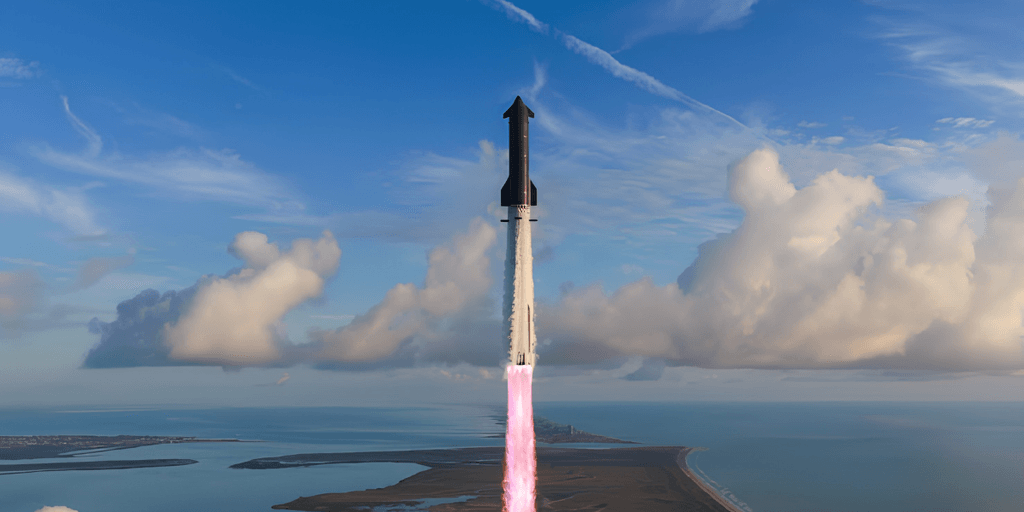 A rocket launches into a clear sky over a coastal landscape with clouds
