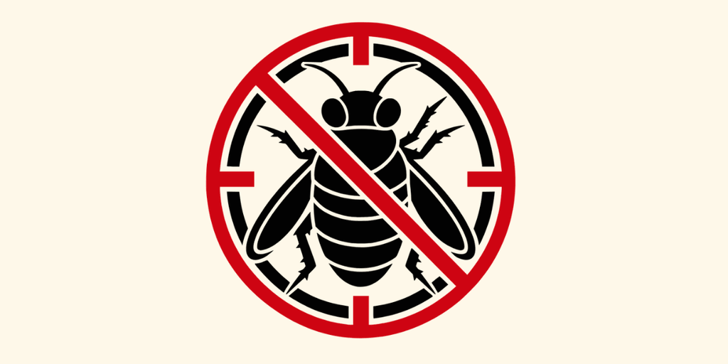 A red and black graphic symbol depicting a bee with a prohibition sign.