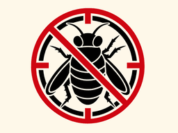 A red and black graphic symbol depicting a bee with a prohibition sign.