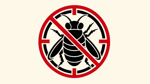 A red and black graphic symbol depicting a bee with a prohibition sign.