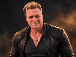 Man in a leather jacket poses confidently with a smoky background