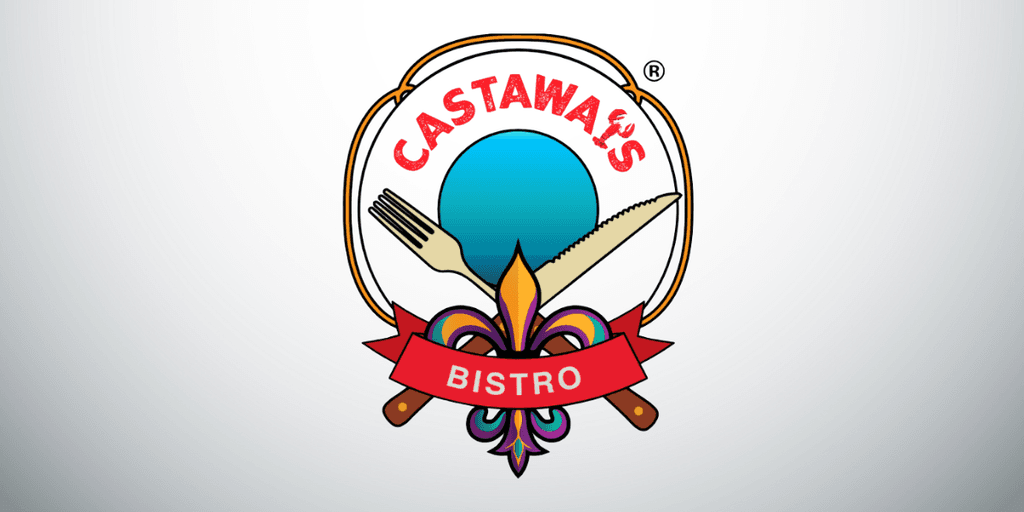 Colorful logo featuring a blue circle, utensils, and "Castaway's Bistro" text