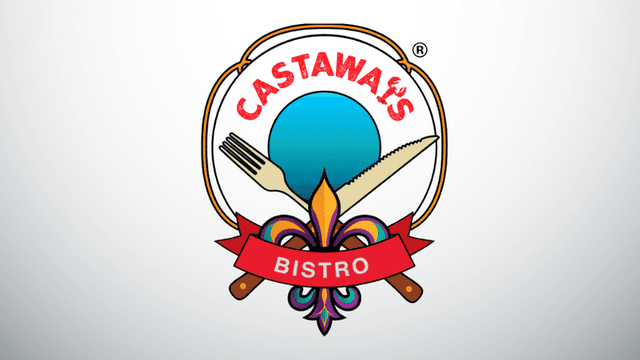 Colorful logo featuring a blue circle, utensils, and "Castaway's Bistro" text