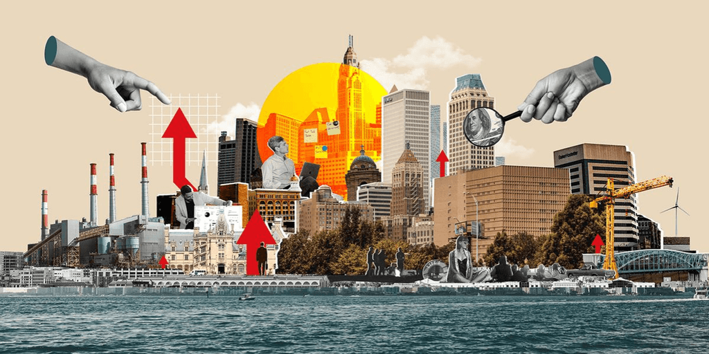 Collage of a city skyline with various elements symbolizing growth and innovation