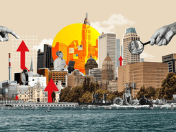 Collage of a city skyline with various elements symbolizing growth and innovation
