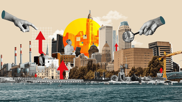 Collage of a city skyline with various elements symbolizing growth and innovation