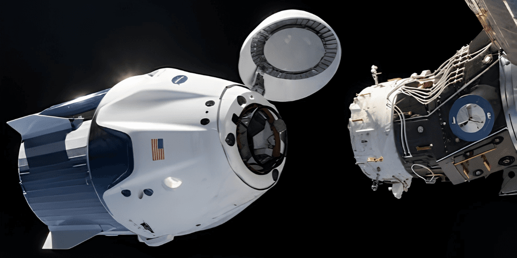 Crew Dragon spacecraft docking with the International Space Station in outer space