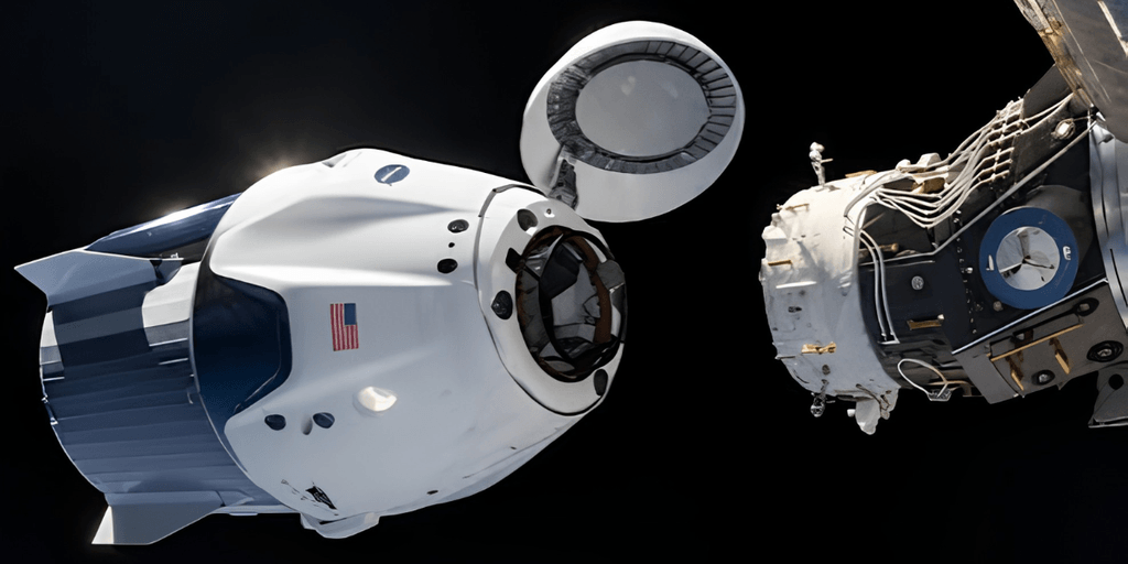 Crew Dragon spacecraft docking with the International Space Station in outer space