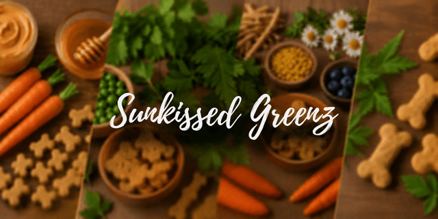 Arrangement of carrots, herbs, and dog treats on a wooden surface with honey.