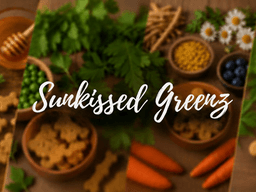 Arrangement of carrots, herbs, and dog treats on a wooden surface with honey.