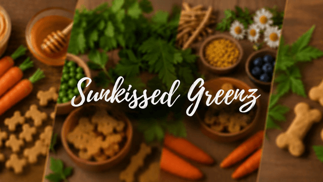 Arrangement of carrots, herbs, and dog treats on a wooden surface with honey.