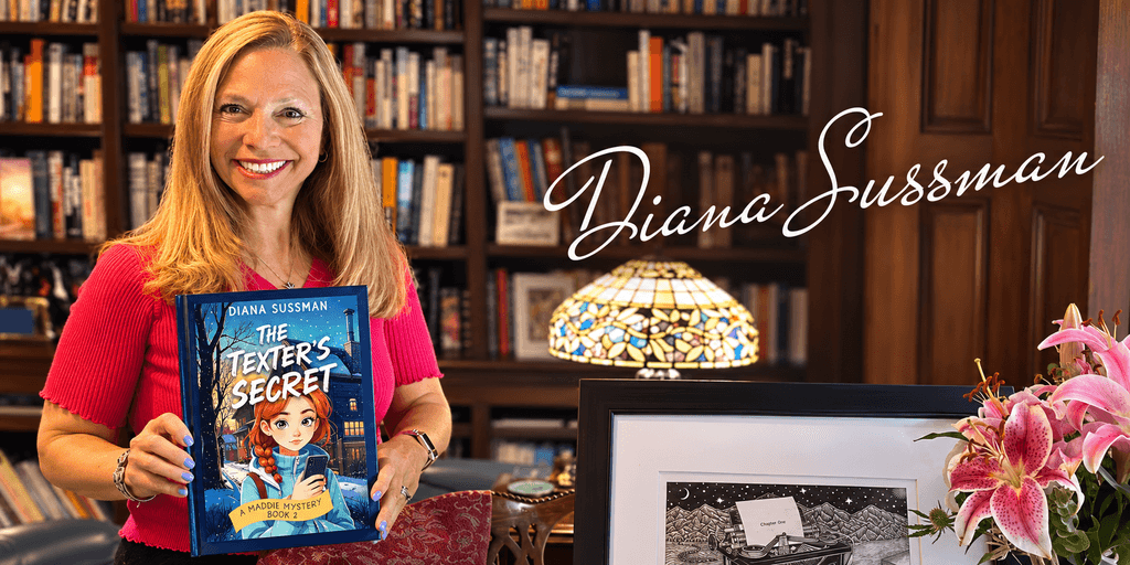 A smiling woman holds a book titled "The Texter's Secret" in a library setting