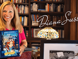 A smiling woman holds a book titled "The Texter's Secret" in a library setting