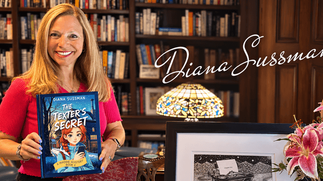 A smiling woman holds a book titled "The Texter's Secret" in a library setting