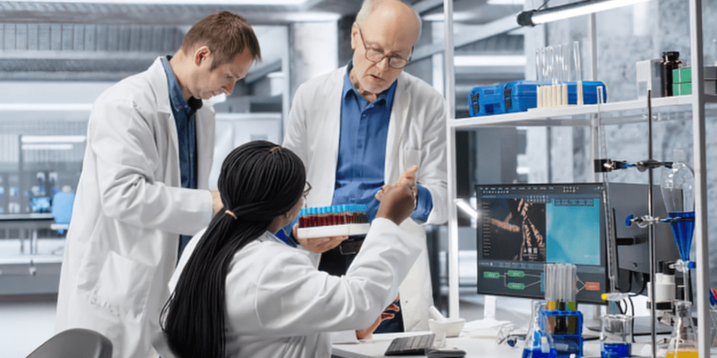 Three scientists in lab coats working together in a modern laboratory setting