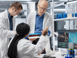 Three scientists in lab coats working together in a modern laboratory setting