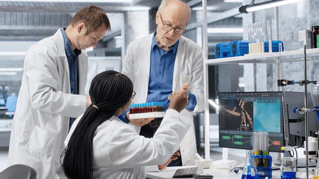 Three scientists in lab coats working together in a modern laboratory setting