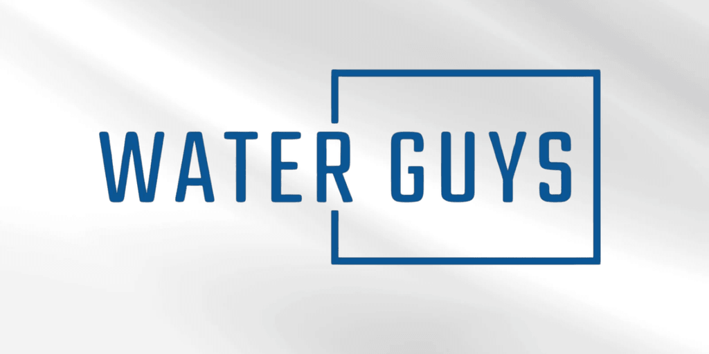Logo featuring the text "WATER GUYS" in blue on a light silver background