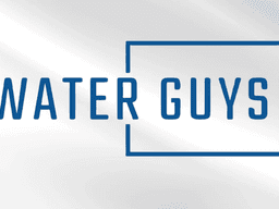 Logo featuring the text "WATER GUYS" in blue on a light silver background
