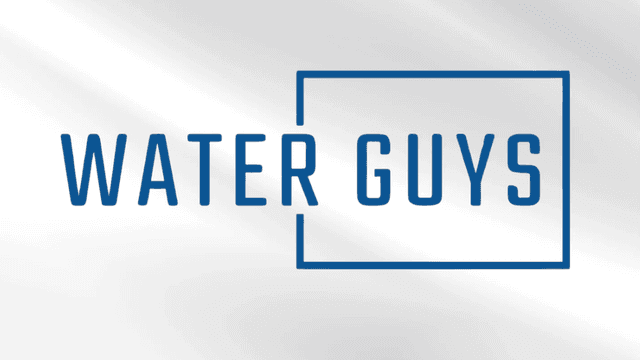 Logo featuring the text "WATER GUYS" in blue on a light silver background