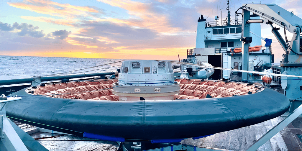 A research vessel deck with a circular device against a colorful sunset sky