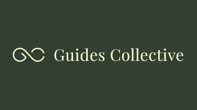 Logo of Guides Collective featuring intertwined symbols and elegant typography on a dark background