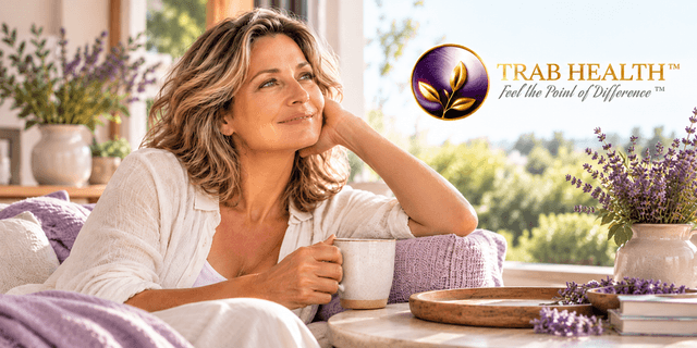 Woman relaxing indoors with a cup, lavender in background, promoting Trab Health.