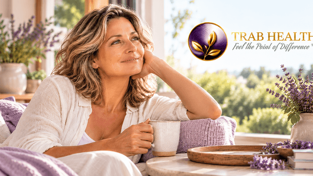 Woman relaxing indoors with a cup, lavender in background, promoting Trab Health.