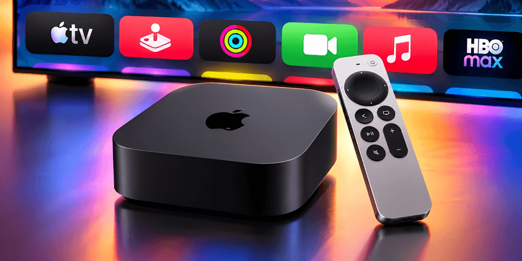 Apple TV device and remote control with streaming app icons in the background