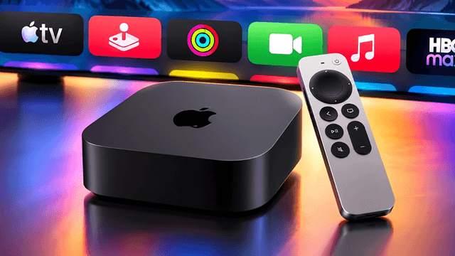 Apple TV device and remote control with streaming app icons in the background