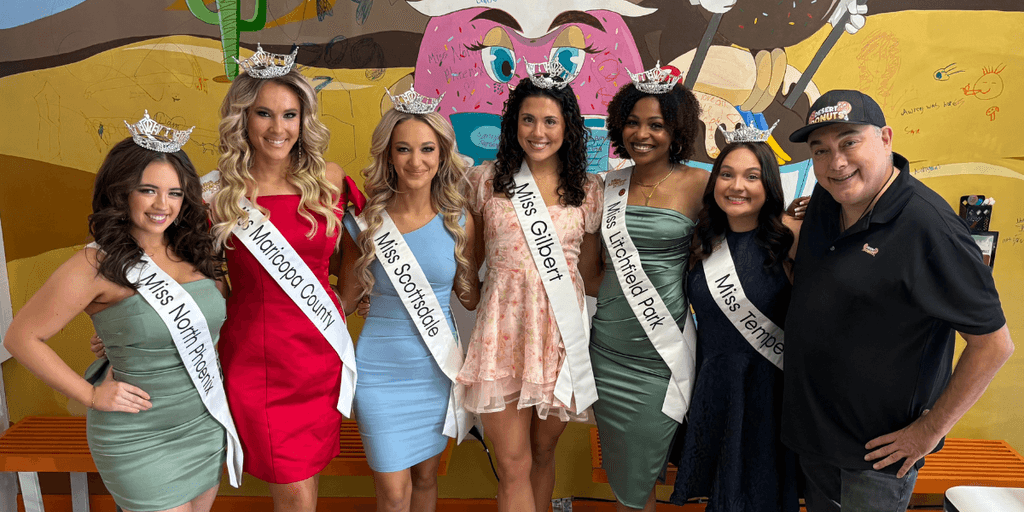 Miss Arizona Titleholders with Michael Gallegos at Desert Donuts Local titleholders supporting community engagement at Desert Donuts.