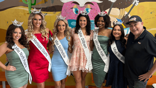 Miss Arizona Titleholders with Michael Gallegos at Desert Donuts Local titleholders supporting community engagement at Desert Donuts.