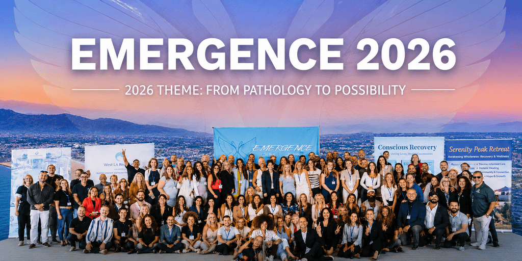 Emergence 2026 attendees gather in Marina del Rey beneath event branding celebrating purpose, recovery, and connection.