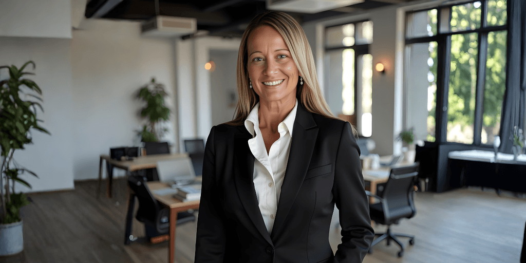 Julie Miracle, therapist and author, standing confidently in a modern office, advocating for personal growth and emotional healing