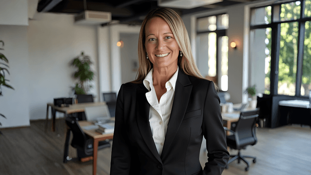 Julie Miracle, therapist and author, standing confidently in a modern office, advocating for personal growth and emotional healing