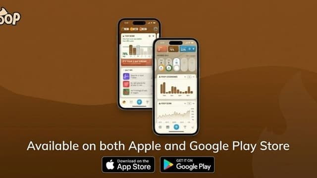 Screenshot of the Doop AI app showcasing digestive health tracking, gamification features, and progress on Apple and Google Play stores