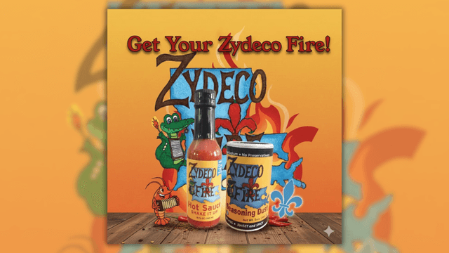Zydeco Fire hot sauce and seasoning dust bottles with fiery Louisiana-themed background.